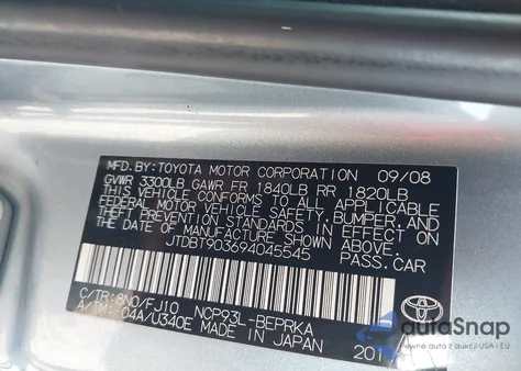 2009 Toyota Yaris z USA, uszkodzony, nr VIN JTDBT903694045545